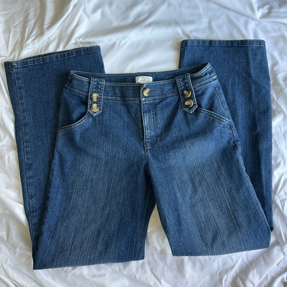 LOFT Indigo Blue Flared Jeans with Button Accents